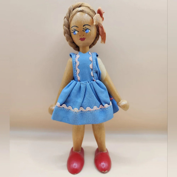 Other - Vintage 50's Polish Wooden Peg Doll Blonde Hair Blue Eyes Moveable Arms
